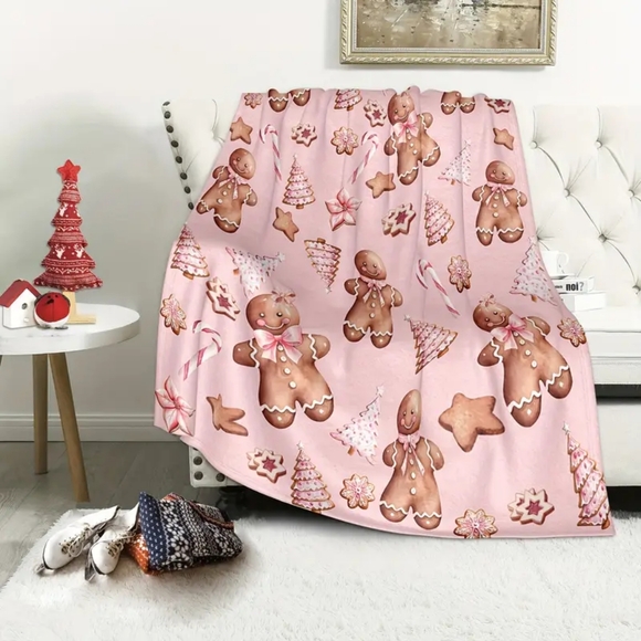 Contemporary Flannel Throw Blanket with Gingerbread & Candy Cane Pattern - Picture 4 of 7